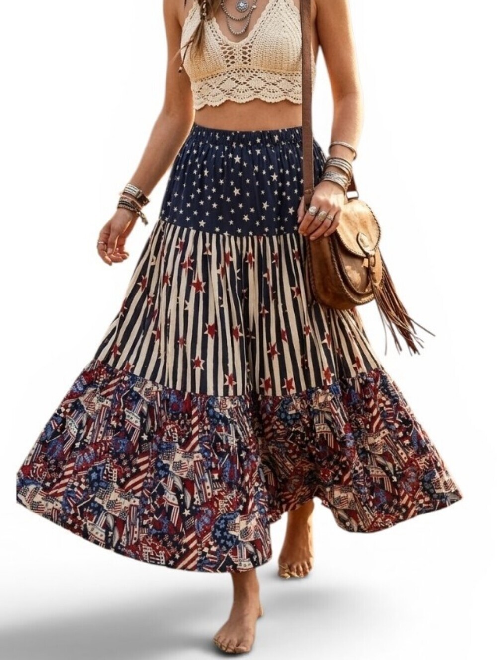 Vintage Americana Stars Stripes Tiered Prairie Skirt Blue M